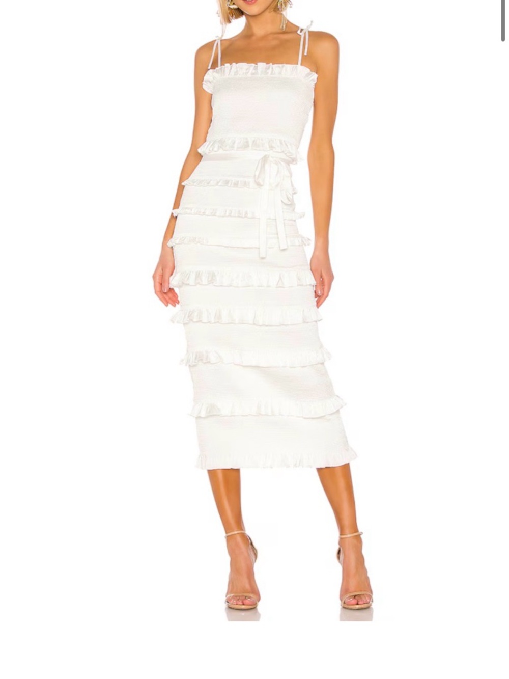 V. Chapman White Ruffle Tie-Shoulder Midi Dress